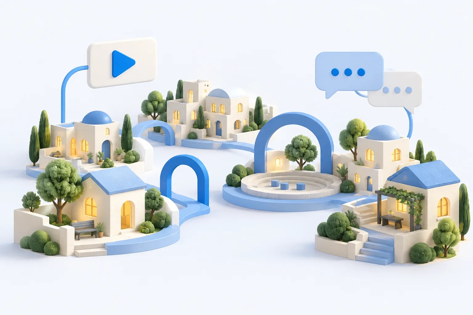 A miniature neighborhood joined by blue paths, video and conversation
