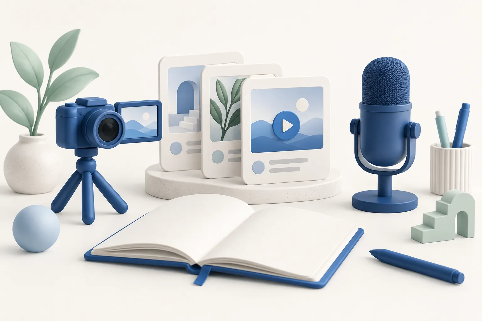A creator’s camera, microphone and video cards beside an open notebook